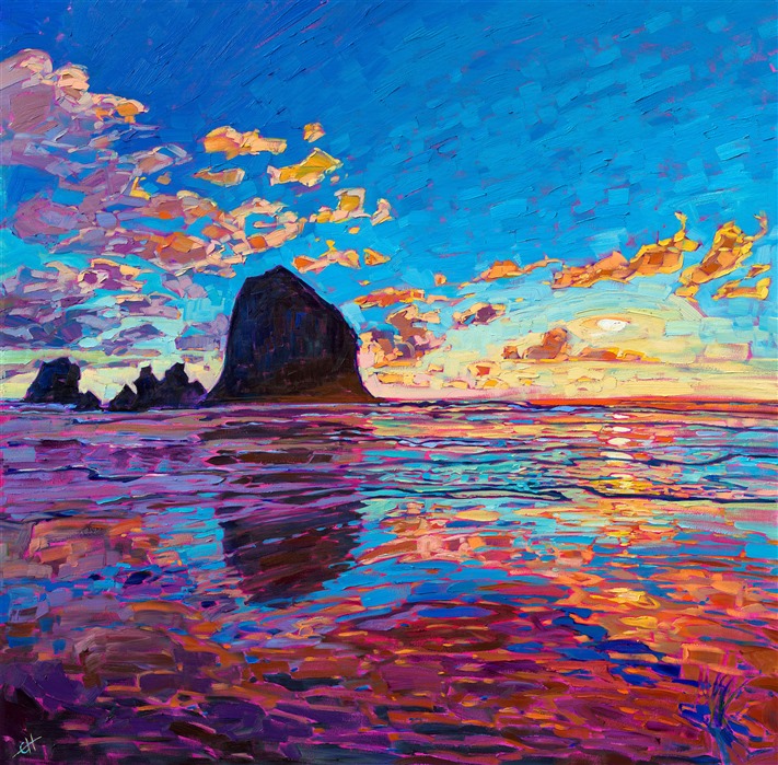 Haystack Rock in Cannon Beach is a famous destination on the Oregon coast. The silhouette of the enormous boulder stands starkly against a vibrant sunset sky. The brush strokes in this painting are loose and impressionistic, capturing the beautiful colors of the scene.</p><p>Sunset clouds are the epitome of nature's beauty. The transient nature of a colorful sunset, the clouds constantly changing hue from cool purple to fiery red, make sunset clouds one of the most painted subjects by the impressionist painter. No sunset is ever the same, and each time you see one, you can't help but feel awe and joy for our beautiful planet.</p><p>"Sunset Reflections" was created on 1-1/2" canvas. The painting arrives framed in a contemporary gold floater frame finished in burnished 23kt gold leaf.