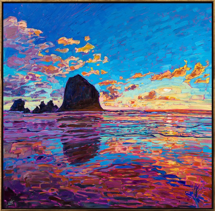 Haystack Rock in Cannon Beach is a famous destination on the Oregon coast. The silhouette of the enormous boulder stands starkly against a vibrant sunset sky. The brush strokes in this painting are loose and impressionistic, capturing the beautiful colors of the scene.</p><p>Sunset clouds are the epitome of nature's beauty. The transient nature of a colorful sunset, the clouds constantly changing hue from cool purple to fiery red, make sunset clouds one of the most painted subjects by the impressionist painter. No sunset is ever the same, and each time you see one, you can't help but feel awe and joy for our beautiful planet.</p><p>"Sunset Reflections" was created on 1-1/2" canvas. The painting arrives framed in a contemporary gold floater frame finished in burnished 23kt gold leaf.