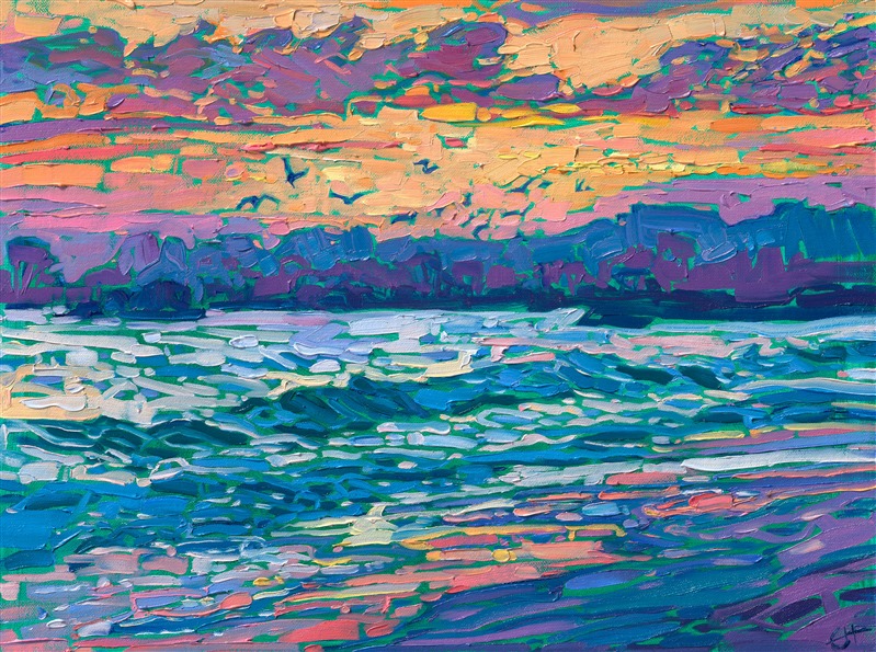 Luscious, almost edible strokes of oil paint capture the brilliant colors of a sunset off the California coast near Santa Barbara. </p><p>"Sunset in Reflection" is an original oil painting on linen board, done in Erin Hanson's signature Open Impressionism style. The piece arrives framed in a wide, mock floater frame finished in black with gold edging.</p><p>This piece will be displayed in Erin Hanson's annual <i><a href="https://www.erinhanson.com/Event/petiteshow2023">Petite Show</i></a> in McMinnville, Oregon. This painting is available for purchase now, and the piece will ship after the show on November 11, 2023. 