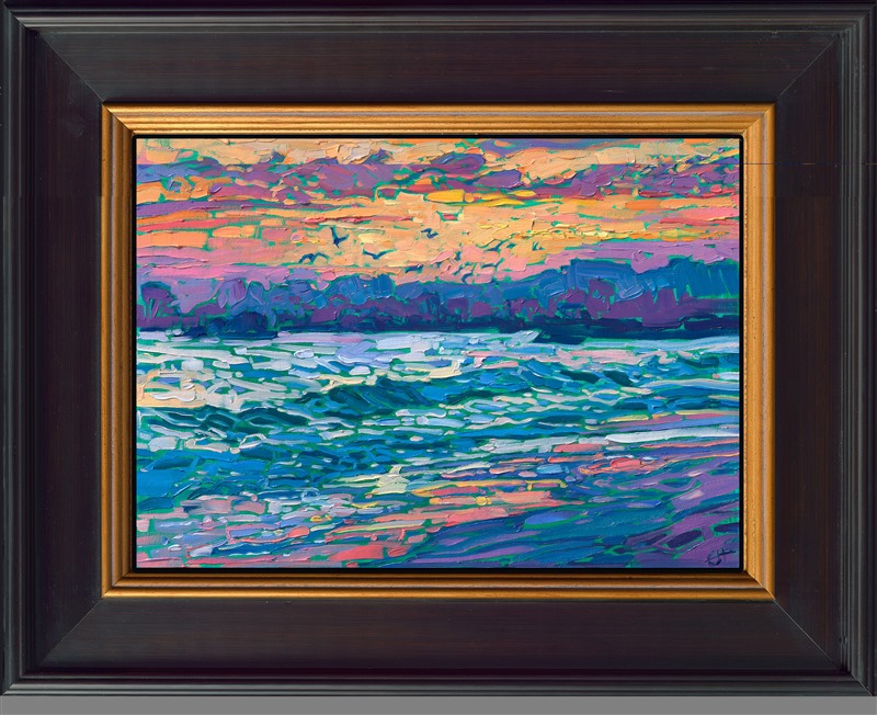 Luscious, almost edible strokes of oil paint capture the brilliant colors of a sunset off the California coast near Santa Barbara. </p><p>"Sunset in Reflection" is an original oil painting on linen board, done in Erin Hanson's signature Open Impressionism style. The piece arrives framed in a wide, mock floater frame finished in black with gold edging.</p><p>This piece will be displayed in Erin Hanson's annual <i><a href="https://www.erinhanson.com/Event/petiteshow2023">Petite Show</i></a> in McMinnville, Oregon. This painting is available for purchase now, and the piece will ship after the show on November 11, 2023. 
