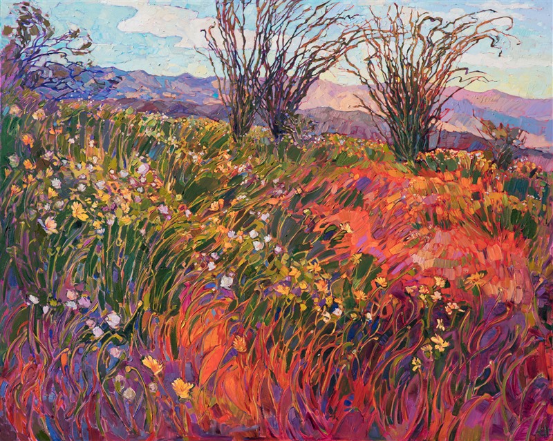 California experienced an amazing wildflower super bloom this year, and thousands of people flocked to Borrego Springs to see the phenomenon.  This painting captures all the magic and beauty of the desert in bloom.</p><p>This painting was created on 1-1/2" deep canvas, with the painting continued around the edges.  The painting arrives framed in a carved floater frame designed for the painting.</p><p>This painting will be displayed at <a href="https://www.erinhanson.com/event/californiasuperbloomartexhibition">The Super Bloom Show</a>, September 9th, at The Erin Hanson Gallery in San Diego.  If you purchase this painting before the show, your piece will be shipped to you after September 9th.
