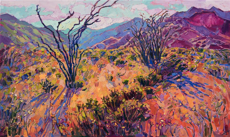 The Borrego Springs super bloom of 2017 is captured here in bold brush strokes and vivid color. The painting is alive with light and motion, an impression of the desert in bloom.</p><p>This painting was done on 1-1/2" canvas, with the painting continued around the edges.  It arrives framed in a gold floater frame, ready to hang.