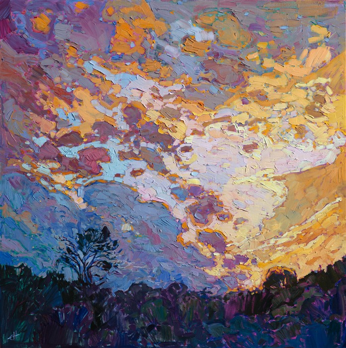 A dramatic sky over the rolling hill country near Fredericksburg, TX, creates a dramatic interplay of light and dark.  The thick, impasto brush strokes are lush with texture and movement.  Subtle color changes dance in and out of the striking cloud formations.

This painting was done on 1-1/2" deep canvas, with the painting continued around the edges. Please contact us for framing options, or the piece may be hung on the wall unframed.