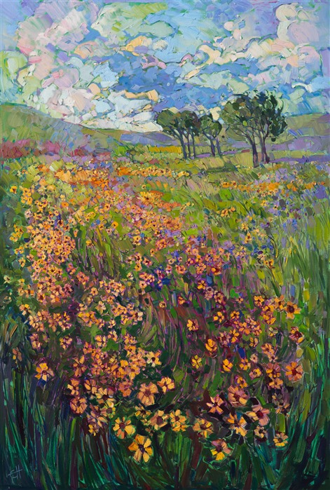 Black eyed Susans tumble down the canvas in a plethora of color and brush strokes.  This vibrantly colored oil painting captures the beauty and wide-open feeling of the outdoors. Each stroke captures a sense of spontaneity, forming a mosaic of light and color across the canvas.</p><p>This painting was created on 1-1/2" deep canvas, with the painting continued around the edges of the painting. The painting has been framed in a gold floater frame and arrives wired and ready to hang.