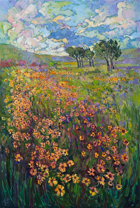 Black eyed Susans tumble down the canvas in a plethora of color and brush strokes.  This vibrantly colored oil painting captures the beauty and wide-open feeling of the outdoors. Each stroke captures a sense of spontaneity, forming a mosaic of light and color across the canvas.

This painting was created on 1-1/2" deep canvas, with the painting continued around the edges of the painting. The painting has been framed in a gold floater frame and arrives wired and ready to hang.