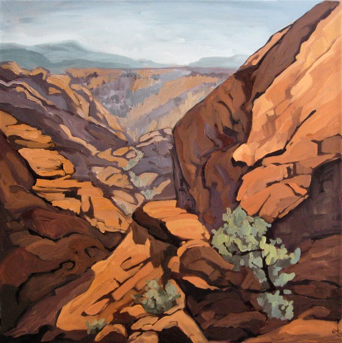 "Sweet Pain" is a challenging climbing wall in Red Rock Canyon, where Erin has spent many an afternoon. The red sandstone in this painting is set off by beautiful lavender shadows.