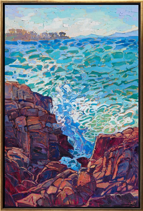 This abstract seascape captures the vivid colors and sense of motion experienced standing on the rocky Monterey peninsula. The aquamarine and teal colors of the water swirl together with the white ocean foam, creating ever-changing patterns in the sea below.</p><p>This painting is being sold on consignment.</p><p>This painting was displayed at the Santa Paula Art Museum for Erin's <a href="https://www.erinhansonprints.com/Event/CaliforniaImpressionismatSantaPaulaMuseum" target="_blank"><i>Colors of California</a></i> exhibition. 