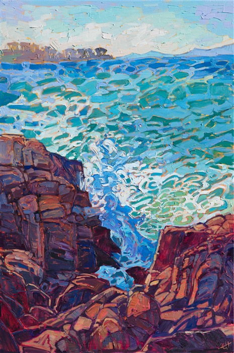 This abstract seascape captures the vivid colors and sense of motion experienced standing on the rocky Monterey peninsula. The aquamarine and teal colors of the water swirl together with the white ocean foam, creating ever-changing patterns in the sea below.

This painting is being sold on consignment.

This painting was displayed at the Santa Paula Art Museum for Erin's <a href="https://www.erinhansonprints.com/Event/CaliforniaImpressionismatSantaPaulaMuseum" target="_blank"><i>Colors of California</a></i> exhibition. 