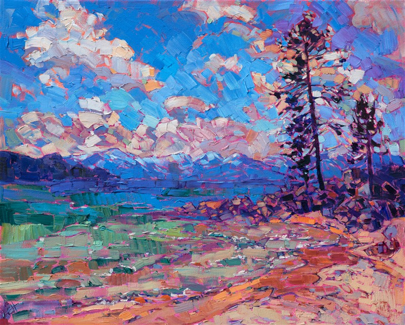 The stunning colors of northern California's Lake Tahoe come alive in vivid relief in this oil painting.  This painting is the first expression by the artist of this beautiful retreat.  The brush strokes are loose and impressionistic, full of joy and motion.</p><p>This painting was created on 1-1/2" deep canvas, with the painting continued around the edges.  The painting is framed in a gold floater frame with black sides.  It arrives wired and ready to hang.