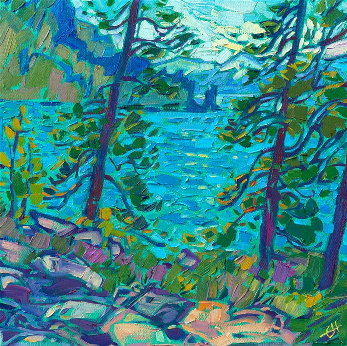 Lake Tahoe glimmers in hues of turquoise and blue, the alpine lake catching the light between the stately pine trees that surround the lake. The brush strokes in this painting are loose and impressionistic, alive with color and motion.</p><p>"Tahoe Colors" is an original oil painting on linen board. The piece arrives framed in a black and gold plein air frame.</p><p>This painting will be displayed at Erin Hanson's annual <a href="https://www.erinhanson.com/Event/ErinHansonSmallWorks2022" target=_"blank"><i>Petite Show</a></i> on November 19th, 2022, at The Erin Hanson Gallery in McMinnville, OR.