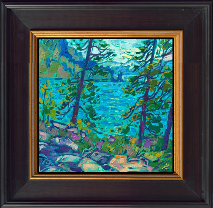 Lake Tahoe glimmers in hues of turquoise and blue, the alpine lake catching the light between the stately pine trees that surround the lake. The brush strokes in this painting are loose and impressionistic, alive with color and motion.</p><p>"Tahoe Colors" is an original oil painting on linen board. The piece arrives framed in a black and gold plein air frame.</p><p>This painting will be displayed at Erin Hanson's annual <a href="https://www.erinhanson.com/Event/ErinHansonSmallWorks2022" target=_"blank"><i>Petite Show</a></i> on November 19th, 2022, at The Erin Hanson Gallery in McMinnville, OR.