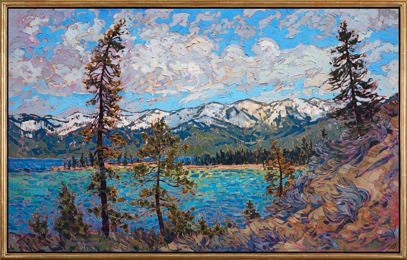 This view of Lake Tahoe captures the wide-open beauty of this magical landscape. The aqua waters glimmer in the early morning light, while fluffy clouds drift slowly by. The brush strokes in this painting are loose and impressionistic, alive with color and motion.</p><p>This painting was created on 1-1/2" canvas, with the painting continued around the edges of the piece. The painting has been framed in a custom gold floater frame.</p><p>This painting was exhibited in <i><a href="https://www.erinhanson.com/Event/ErinHansonAmericanVistas/" target="_blank">Erin Hanson: American Vistas</i></a> at the Nancy Cawdrey Studios and Gallery in Whitefish, Montana, 2019.