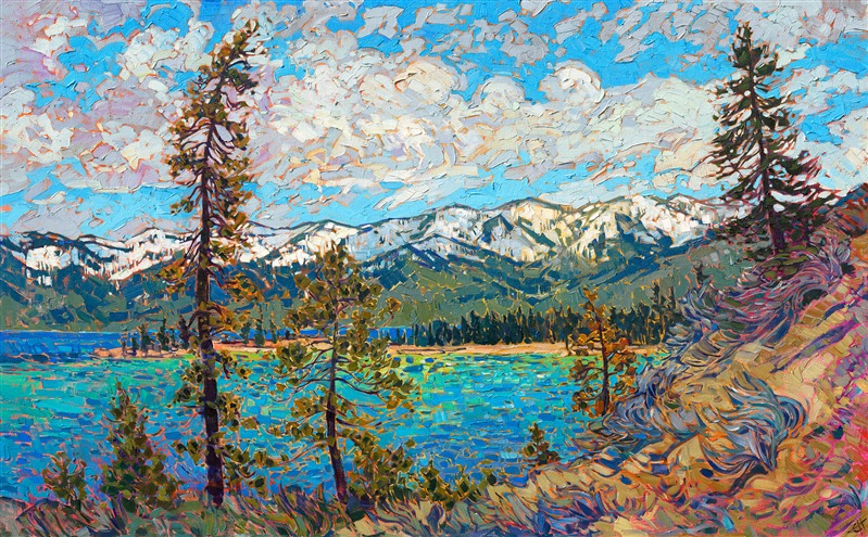 This view of Lake Tahoe captures the wide-open beauty of this magical landscape. The aqua waters glimmer in the early morning light, while fluffy clouds drift slowly by. The brush strokes in this painting are loose and impressionistic, alive with color and motion.</p><p>This painting was created on 1-1/2" canvas, with the painting continued around the edges of the piece. The painting has been framed in a custom gold floater frame.</p><p>This painting was exhibited in <i><a href="https://www.erinhanson.com/Event/ErinHansonAmericanVistas/" target="_blank">Erin Hanson: American Vistas</i></a> at the Nancy Cawdrey Studios and Gallery in Whitefish, Montana, 2019.