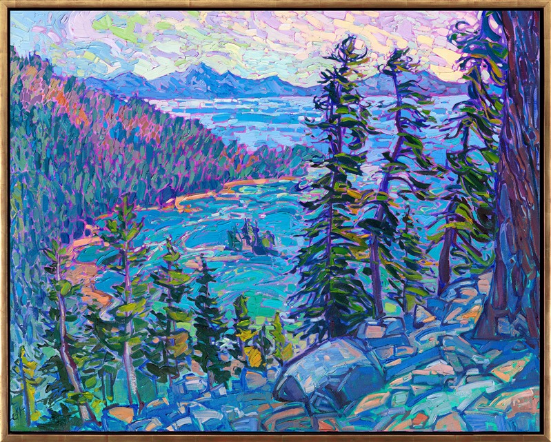 Lake Tahoe stretches into the distance, peeking out between the tall lanky pine trees growing along the rocky mountainside. The aqua greens and ultramarine blues swirl together in a calming, fluid motion. The brush strokes in the painting are thick and impressionistic.</p><p>"Tahoe Waters" is an original oil painting on stretched canvas. The piece arrives framed in a contemporary gold floater frame, ready to hang.