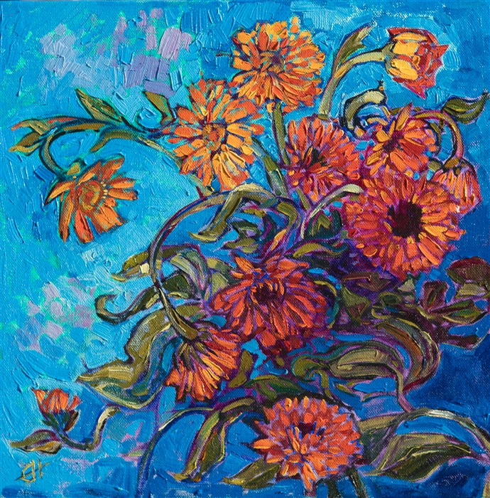 Curving stems and vibrant oranges dance together in this petite floral painting. The brush strokes are loose and expressive, the texture of the painting pulling you into the canvas.</p><p>"Tangerine Blooms" was created on 1-1/2" canvas and arrives framed in a custom-made, gold floating frame.