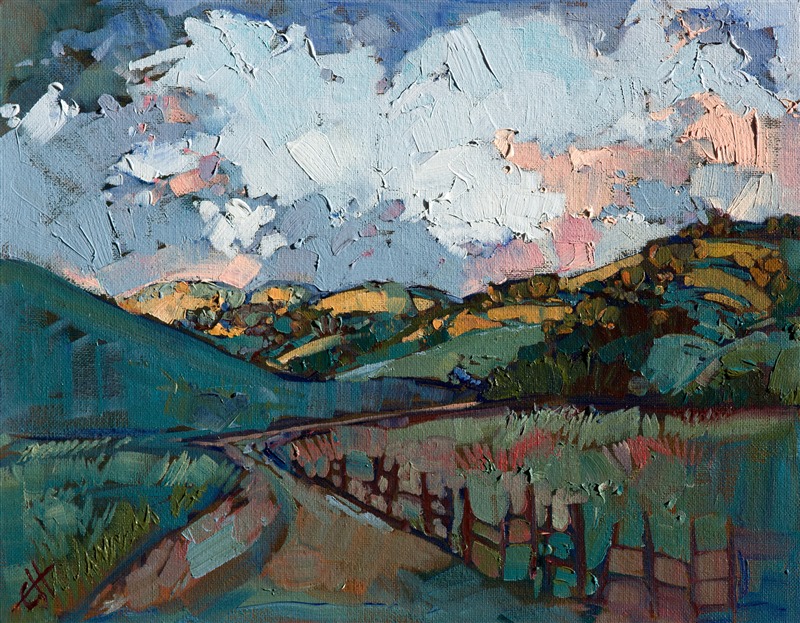 Dark shadows contrast against the first light of dawn, in this painting of eastern Paso Robles.  This wine country painting captures the peaceful quiet just before dawn, heralded by the occasional rooster.</p><p>This small oil painting arrives framed and ready to hang.