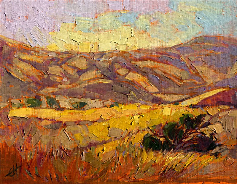 Terra cotta colors of summer merge with lavender shadows, in this painting of east Paso Robles. Each brush stroke adds a layer of color and motion to this minute oil painting.</p><p>This small oil painting arrives framed and ready to hang.