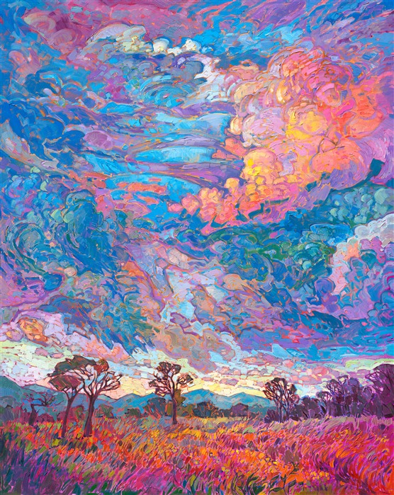 A dramatic sky breathes color and movement above the wildflower-strewn landscape of Texas hill country. The impressionistic brush strokes are thickly applied and add texture and dimension to the painting.

"Texan Sky III" was created on 1-1/2" canvas, with the painting continued around the edges. The piece has been framed in a hard-carved Open Impressionist frame.