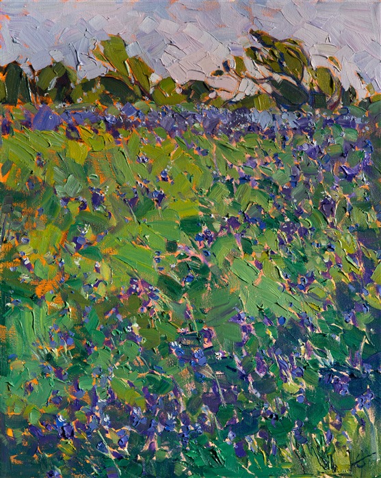 It was a beautiful year for Texas bluebonnets!  These charming little blue-purple wildflowers grow with wild abandon across the central Texas hill country.  This painting captures a fleeting impression of the bluebonnets in spring.

This painting was created on 3/4" canvas and arrives framed in a classic gold leaf frame, ready to hang.  The second photograph above shows the painting under gallery lighting in the frame that is included with this piece.