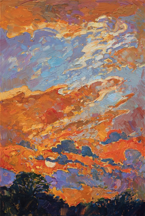 Texas hill country is captured in this painting with vivid color.  The expressive brush strokes bring to life the movement in the sky with loose, impasto strokes. </p><p>This painting was done on 1-1/2" canvas, with the painting continued around the sides.  It may be hung framed or unframed.