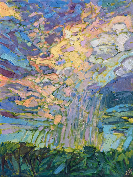 Texas rain showers down onto the low rolling landscape of western Texas.  The dramatic motion of the clouds creates a sense of drama in the piece, and the brush strokes are loose and impressionsitic.</p><p>This piece was created on 1/8" canvas board, and it has been framed in a black and gold plein air frame. 