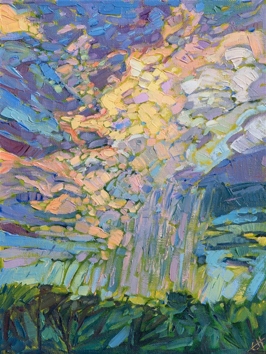 Texas rain showers down onto the low rolling landscape of western Texas.  The dramatic motion of the clouds creates a sense of drama in the piece, and the brush strokes are loose and impressionsitic.

This piece was created on 1/8" canvas board, and it has been framed in a black and gold plein air frame. 
