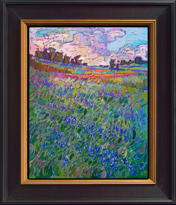 Spring blooms of Texas bluebonnets and Indian paintbrushes cover the landscape with strokes of vivid color. This petite painting of Texas hill country captures the beautiful wildflowers that Texas is famous for.</p><p><b>PLEASE NOTE: This painting will be hanging at the Desert Caballeros Western Museum for their 18th annual Cowgirl Up exhibition. You may purchase this painting online, but the earliest we can ship your painting is September 3rd.</b></p><p>"Texas in Flower" is an original oil painting on linen board. The piece arrives framed in a black and gold plein air frame, ready to hang.