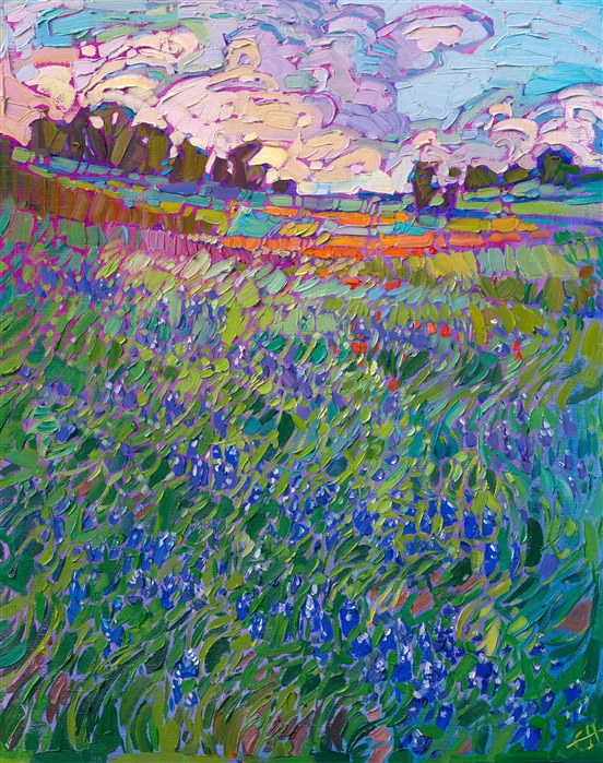 Spring blooms of Texas bluebonnets and Indian paintbrushes cover the landscape with strokes of vivid color. This petite painting of Texas hill country captures the beautiful wildflowers that Texas is famous for.

<b>PLEASE NOTE: This painting will be hanging at the Desert Caballeros Western Museum for their 18th annual Cowgirl Up exhibition. You may purchase this painting online, but the earliest we can ship your painting is September 3rd.</b>

"Texas in Flower" is an original oil painting on linen board. The piece arrives framed in a black and gold plein air frame, ready to hang.
