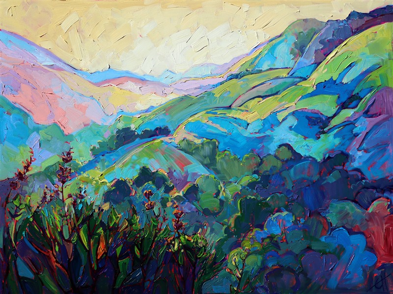 The delicate colors in these Paso Robles hills are a contrast to the thick, bold application of oil paint. The springtime colors of central California are soothing and peaceful.