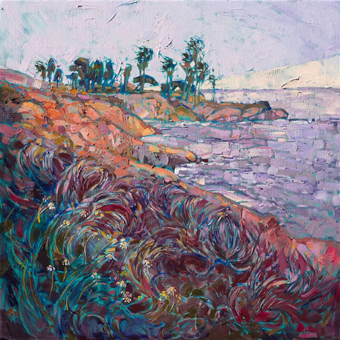 La Jolla's popular Cove is captured in vibrant oils, thickly applied in the style of modern impressionism.  The wildflowers in the foreground draw you into the painting with their curving stalks. The brush strokes create a vivid mosaic of color and texture throughout the painting.</p><p>This painting was created on a gallery-depth canvas with the painting continued around the edges. The painting will arrive in a beautiful hardwood floater frame, ready to hang. The second photograph above shows how the piece looks under gallery spot lighting.</p><p>Exhibited: "Impressions in Oil", Studios on the Park. Paso Robles, CA. 2015