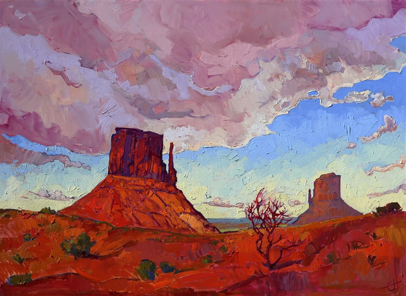 Monument Valley's iconic mittens are painted in all their bold glory, with dramatic clouds bursting across the sky. The brush work in this painting is spontaneous and intriguing, adding another dimension to the painting that pulls you further into the landscape, as seen by the artist's eye.