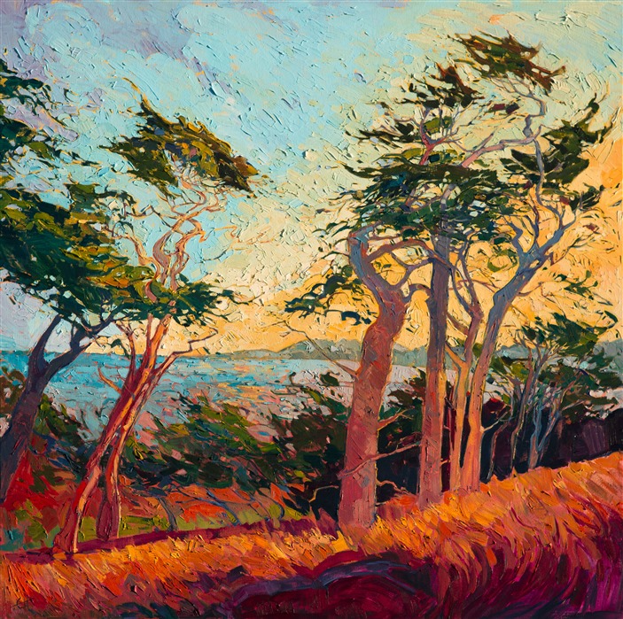 Inspired by Monterey and the famous 17-mile drive, this painting captures all the life and warmth of central California. The thickly applied brush strokes add to the motion of the painting and create a feeling of spontaneity. </p><p>This painting was created on gallery-deep canvas, with the painting continued around the edges of the canvas for a three-dimensional look.  This painting can be hung without framing needed.