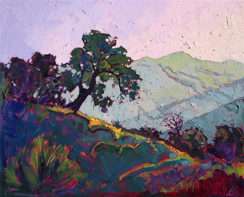 Driving through central California, one feels transported into an idyllic, pastoral landscape as picturesque as a painting. This oil painting attempts to capture that bucolic perfection, with textured beams of light highlighting the grassy hillside.