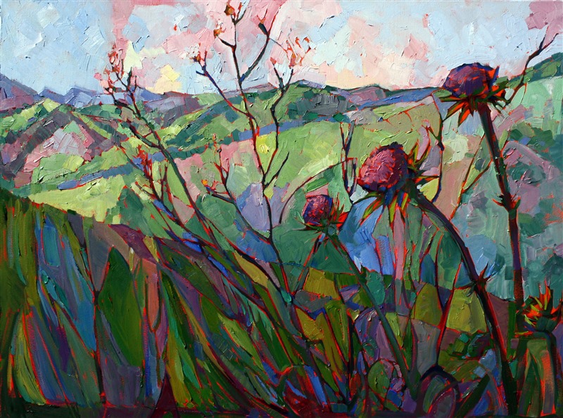 A mosaic pattern of color re-creates the beauty of the central California hills in spring. The freedom and boldness of the brushwork expresses the artist's deep love for this landscape.