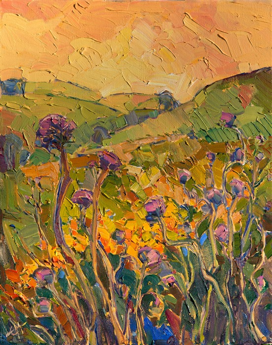 Bright purple thistles stand against a summer-hued backdrop of rolling California hills.  This painting was created with a loose, impressionistic hand, the brush strokes coalescing into a mosaic pattern of light and color.</p><p>This painting was created on 3/4" canvas and arrives already framed in a classic gold frame, ready to hang.  The second photograph above shows the painting under gallery lighting in the frame that is included with this piece.
