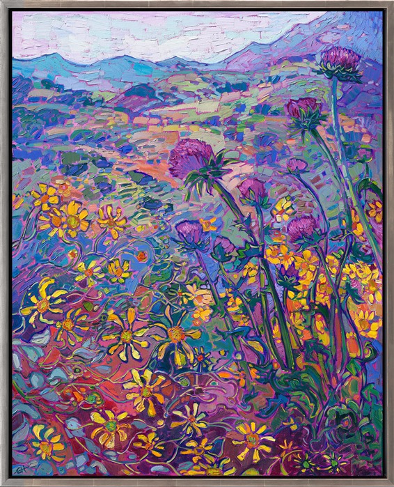 A spray of yellow wildflowers draw the eye into this expressionist landscape of Paso Robles, California. The wild purple thistles and rolling California hills create an idyllic landscape that your eye can roam through endlessly. Thick brush strokes and abstract color choices capture the essence of wildflower beauty.</p><p>"Thistles and Blooms" is an original oil painting on stretched canvas. The piece arrives framed and ready to hang.