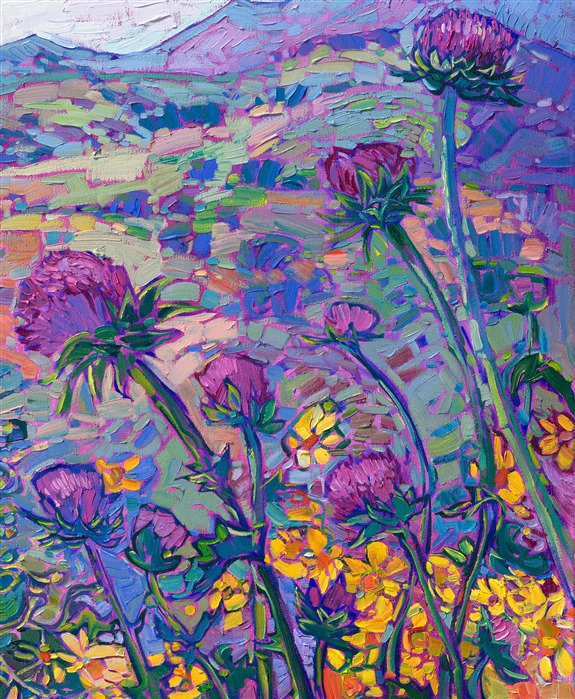 A spray of yellow wildflowers draw the eye into this expressionist landscape of Paso Robles, California. The wild purple thistles and rolling California hills create an idyllic landscape that your eye can roam through endlessly. Thick brush strokes and abstract color choices capture the essence of wildflower beauty.</p><p>"Thistles and Blooms" is an original oil painting on stretched canvas. The piece arrives framed and ready to hang.