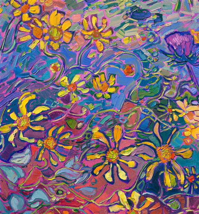 A spray of yellow wildflowers draw the eye into this expressionist landscape of Paso Robles, California. The wild purple thistles and rolling California hills create an idyllic landscape that your eye can roam through endlessly. Thick brush strokes and abstract color choices capture the essence of wildflower beauty.</p><p>"Thistles and Blooms" is an original oil painting on stretched canvas. The piece arrives framed and ready to hang.