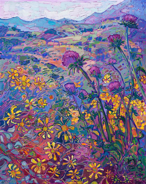 A spray of yellow wildflowers draw the eye into this expressionist landscape of Paso Robles, California. The wild purple thistles and rolling California hills create an idyllic landscape that your eye can roam through endlessly. Thick brush strokes and abstract color choices capture the essence of wildflower beauty.</p><p>"Thistles and Blooms" is an original oil painting on stretched canvas. The piece arrives framed and ready to hang.