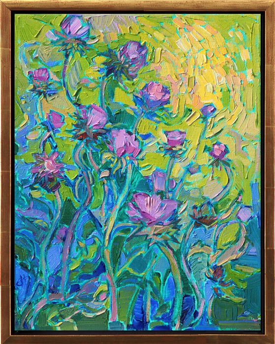Purple thistles bloom with color against an apple green backdrop. The brush strokes in this painting are loose and impressionistic, alive with color and motion.</p><p>This painting was created on 1/8" linen board, and it arrives framed in a gold plein air frame.