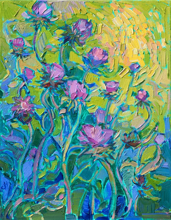 Purple thistles bloom with color against an apple green backdrop. The brush strokes in this painting are loose and impressionistic, alive with color and motion.

This painting was created on 1/8" linen board, and it arrives framed in a gold plein air frame.
