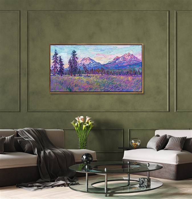 Oregon's Cascade mountain range is famous for its Three Sisters peaks, which can be seen from Bend to Sisters, Oregon. This painting captures the soft dawn light on a clear summer morning in June. The thickly applied, impressionistic brush strokes capture the transient light of the scene.</p><p>"Three Sisters" is an original oil painting created on stretched canvas. The piece arrives framed in a wooden floating frame finished with a burnished 23kt gold face and dark, pebbled sides.