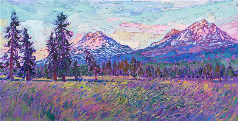 Oregon's Cascade mountain range is famous for its Three Sisters peaks, which can be seen from Bend to Sisters, Oregon. This painting captures the soft dawn light on a clear summer morning in June. The thickly applied, impressionistic brush strokes capture the transient light of the scene.</p><p>"Three Sisters" is an original oil painting created on stretched canvas. The piece arrives framed in a wooden floating frame finished with a burnished 23kt gold face and dark, pebbled sides.