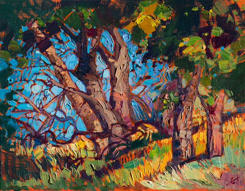 Beautiful color comes together in this oil painting of California oak trees, each brush stroke vivid and alive.</p><p>This small oil painting arrives framed and ready to hang.