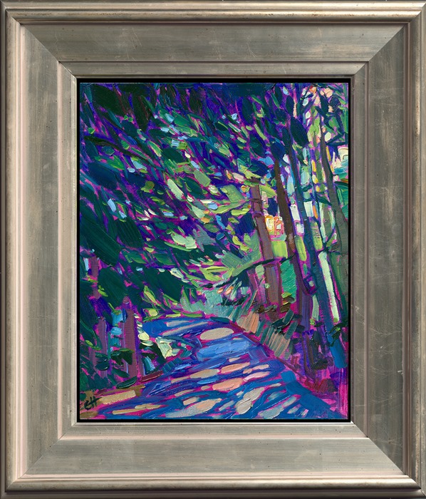 A petite work by Erin Hanson, this 8x10 original oil painting captures light filtering through the pine trees in northwest Washington, on Sequim Bay. The thick brush strokes create a mosaic of color and light across the canvas.</p><p>This painting is included in Erin's 2025 annual <a href="https://www.erinhanson.com/portfolio?col=the-petite-show-2025"><i>Petite Show</i></a>. The exhibition will be on display at The Erin Hanson Gallery in McMinnville, Oregon, for one day only, Saturday, November 8th. All are welcome to join us for the <a href="https://www.erinhanson.com/Event/petiteshow2025">Artist Reception</a>.