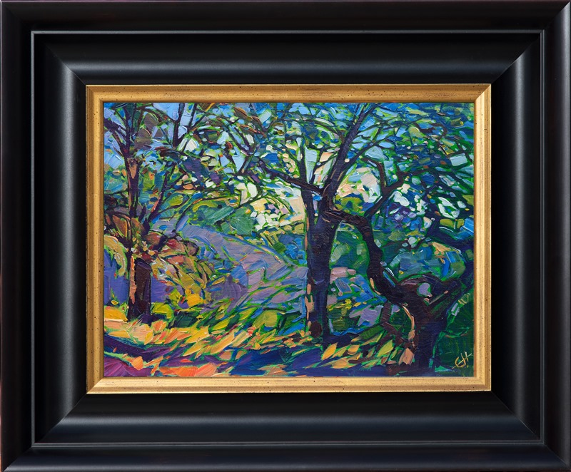 This wine country-inspired landscape comes alive on the canvas, the free brush strokes creating a mosaic effect within the painting. This piece captures the variety of greens seen in the springtime in central California.</p><p>This piece was done on 1/8" canvas board, and it arrives framed and ready to hang.