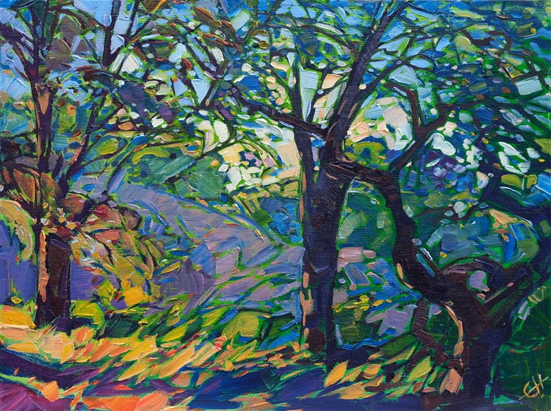 This wine country-inspired landscape comes alive on the canvas, the free brush strokes creating a mosaic effect within the painting. This piece captures the variety of greens seen in the springtime in central California.</p><p>This piece was done on 1/8" canvas board, and it arrives framed and ready to hang.