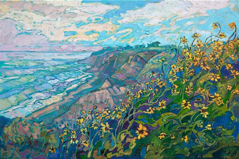 A flurry of yellow wildflowers dances high above Black's Beach, in Torrey Pines, San Diego. The steep coastal cliffs curve and meander into the distance, while the breaking waves reflect the soft afternoon colors of the sky above. The brushstrokes are painterly and impressionistic, capturing this fleeting moment of beauty upon the canvas.</p><p>"Torrey Blooms" was created on 1-1/2" canvas, with the painting continued around the edges. The piece arrives framed in a simple gold floater frame.