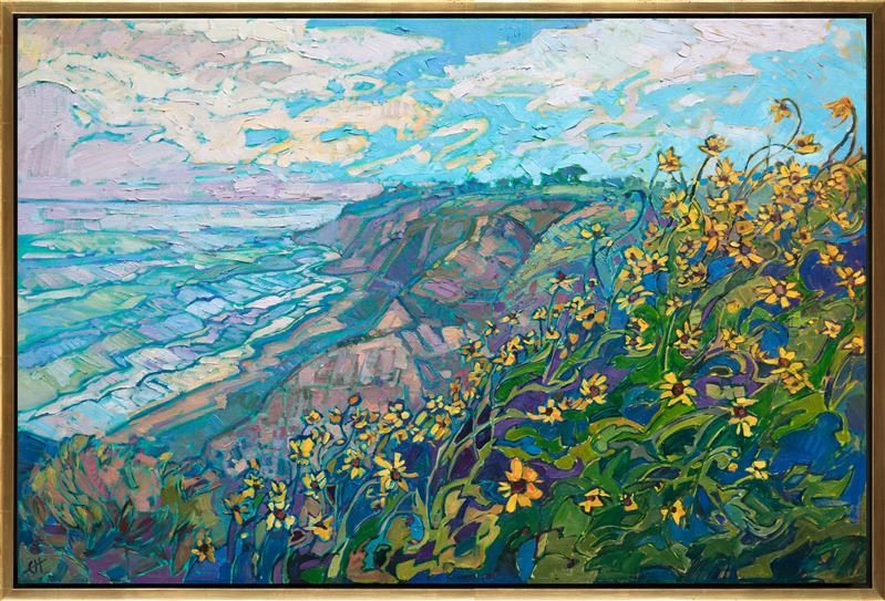 A flurry of yellow wildflowers dances high above Black's Beach, in Torrey Pines, San Diego. The steep coastal cliffs curve and meander into the distance, while the breaking waves reflect the soft afternoon colors of the sky above. The brushstrokes are painterly and impressionistic, capturing this fleeting moment of beauty upon the canvas.</p><p>"Torrey Blooms" was created on 1-1/2" canvas, with the painting continued around the edges. The piece arrives framed in a simple gold floater frame.