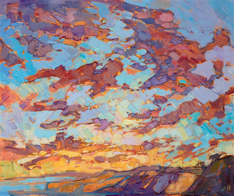 A dramatic sky bursts above the tangerine-hued cliffs of Torrey Pines, in San Diego. The colors are vivid and alive with motion.</p><p>This painting has been framed in a hand-carved and gilded frame that was designed to complement the colors in this painting.  It will arrived wired and ready to hang.</p><p>This painting will be included in the exhibition <i><a href="https://www.erinhanson.com/Event/erinhansoncoastalcalifornia" target="_blank">Erin Hanson: Coastal California</i></a>, at The Erin Hanson Gallery in San Diego. The artist's reception will take place on June 24th.  If you purchase this painting online, it will be shipped to you the week of June 26th.